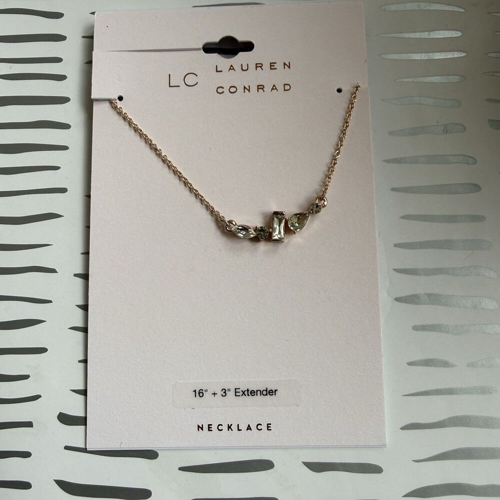 LC Lauren Conrad Cubic Zirconium Necklace 16” + 3” Extender Chain Gold Tone New